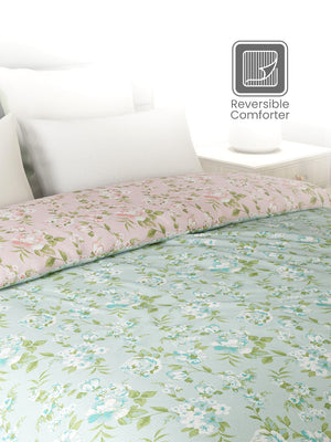 Reversible Double Comforter, 100% Cotton 140 TC, Pink & Green Floral, For Mild Winter & All Season Lumina Floret