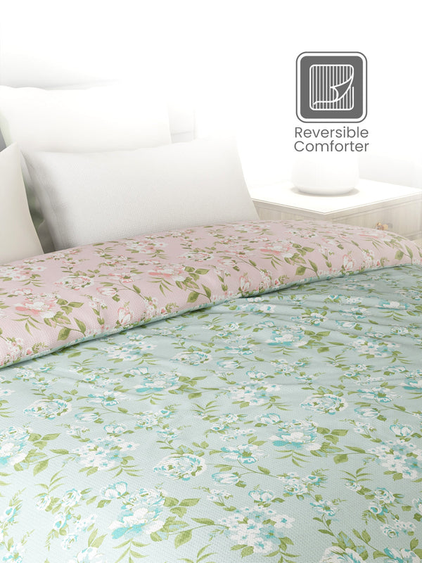 Reversible Double Comforter, 100% Cotton 140 TC, Pink & Green Floral, For Mild Winter & All Season Lumina Floret