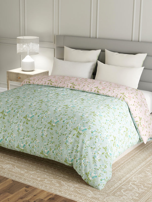 Reversible Double Comforter, 100% Cotton 140 TC, Pink & Green Floral, For Mild Winter & All Season Lumina Floret