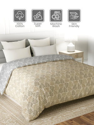 Reversible Double Comforter, 100% Cotton 140 TC, Brown & Grey Floral, For Mild Winter & All Season Lumina Floret