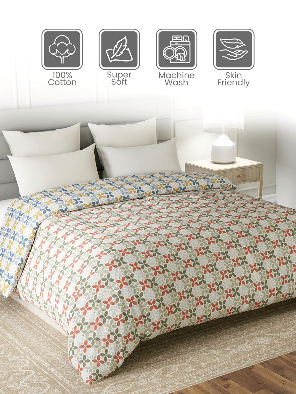 Reversible Double Comforter, 100% Cotton 140 TC, Multicolor Geometrical, For Mild Winter & All Season Lumina Floret