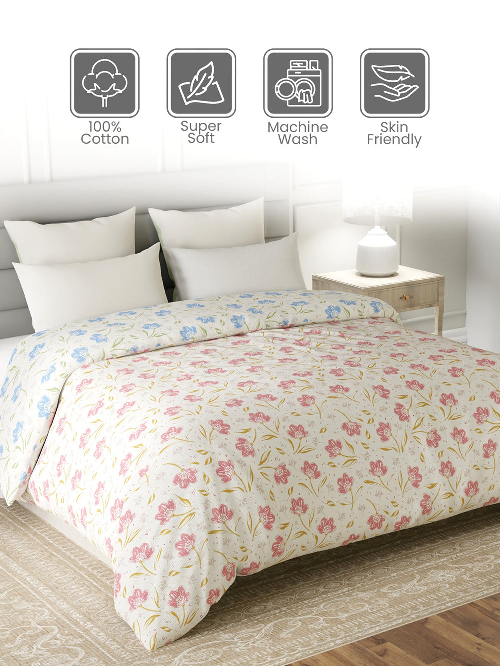 Reversible Double Comforter, 100% Cotton 140 TC, Blue & Pink Floral, For Mild Winter & All Season Lumina Floret