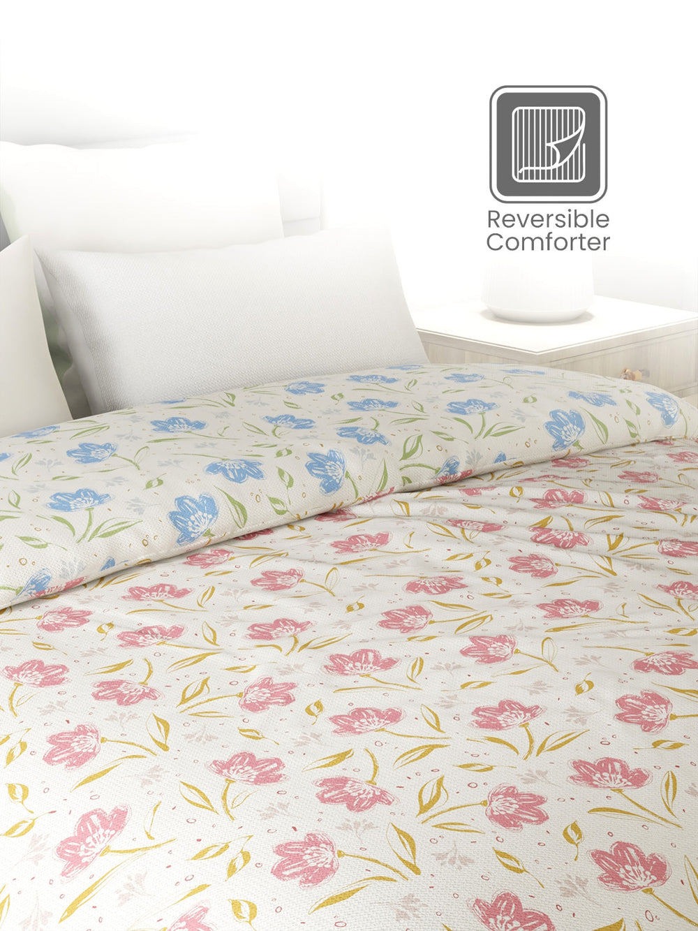 Reversible Double Comforter, 100% Cotton 140 TC, Blue & Pink Floral, For Mild Winter & All Season Lumina Floret