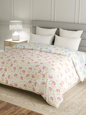 Reversible Double Comforter, 100% Cotton 140 TC, Blue & Pink Floral, For Mild Winter & All Season Lumina Floret