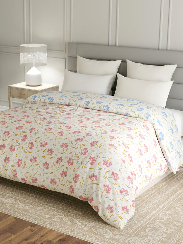 Reversible Double Comforter, 100% Cotton 140 TC, Blue & Pink Floral, For Mild Winter & All Season Lumina Floret