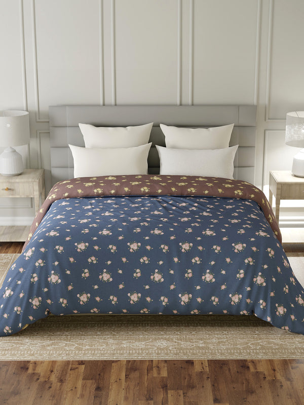 Reversible Double Comforter, 100% Cotton 140 TC, Brown & Blue Floral, For Mild Winter & All Season Lumina Floret