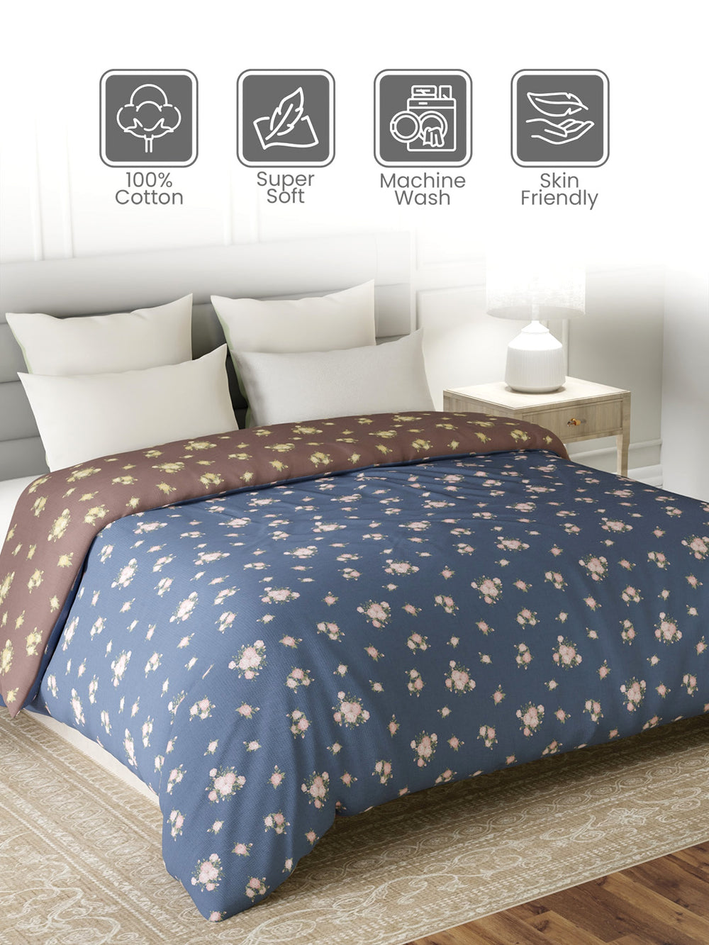 Reversible Double Comforter, 100% Cotton 140 TC, Brown & Blue Floral, For Mild Winter & All Season Lumina Floret