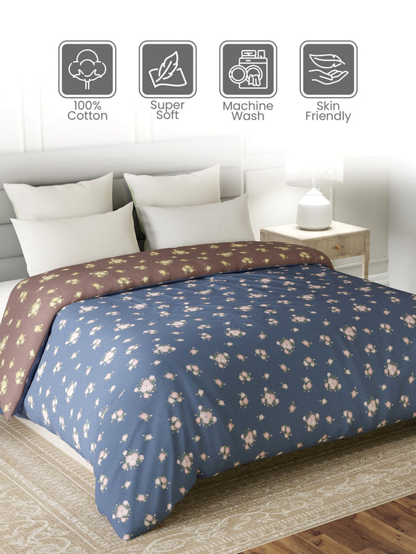 Reversible Double Comforter, 100% Cotton 140 TC, Brown & Blue Floral, For Mild Winter & All Season Lumina Floret