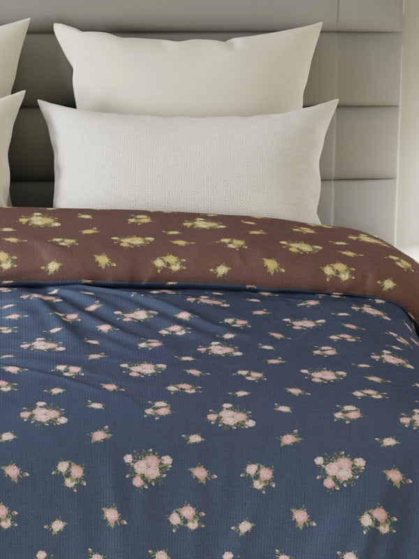 Reversible Double Comforter, 100% Cotton 140 TC, Brown & Blue Floral, For Mild Winter & All Season Lumina Floret