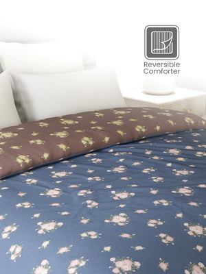 Reversible Double Comforter, 100% Cotton 140 TC, Brown & Blue Floral, For Mild Winter & All Season Lumina Floret