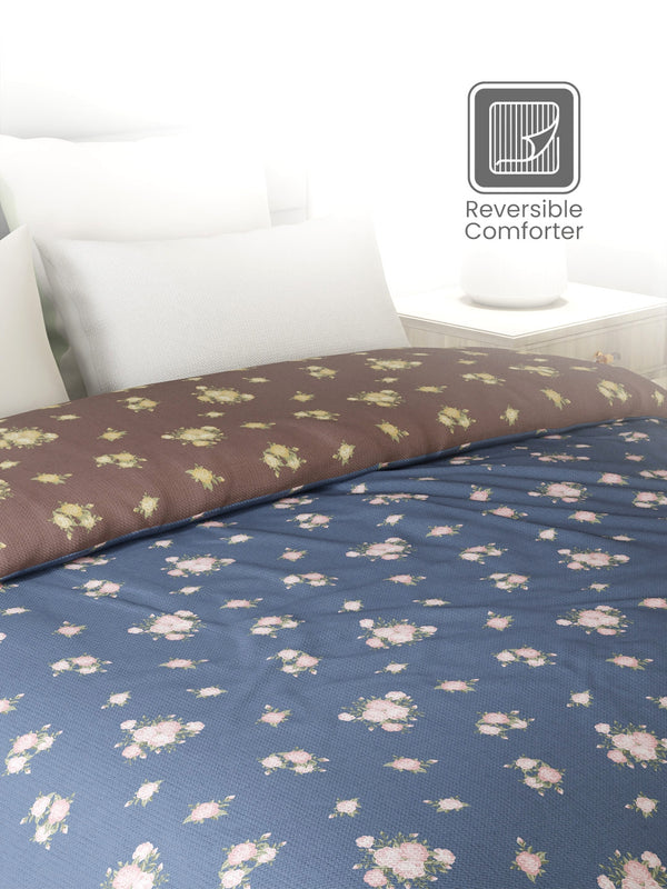 Reversible Double Comforter, 100% Cotton 140 TC, Brown & Blue Floral, For Mild Winter & All Season Lumina Floret