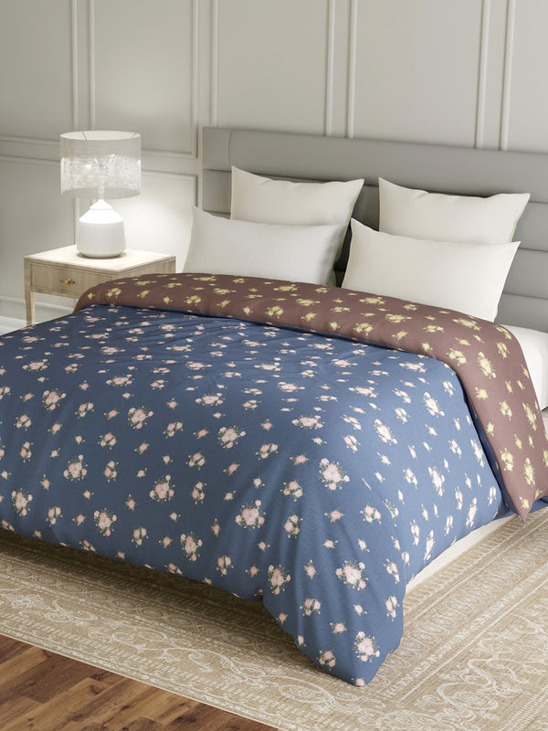 Reversible Double Comforter, 100% Cotton 140 TC, Brown & Blue Floral, For Mild Winter & All Season Lumina Floret