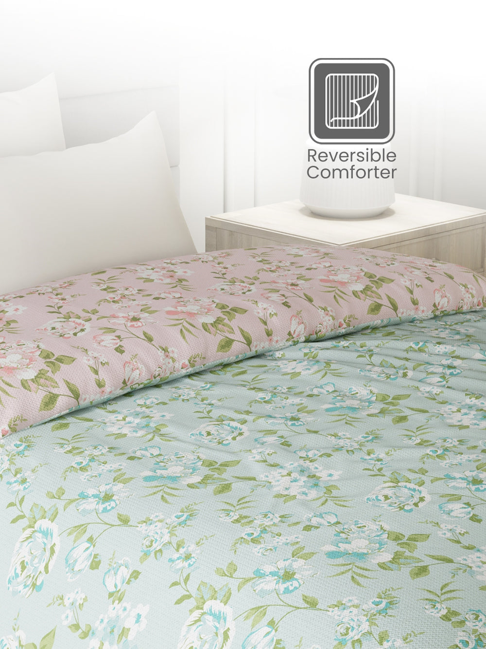 Reversible Single Comforter, 100% Cotton 140 TC, Pink & Green Floral, For Mild Winter & All Season Lumina Floret