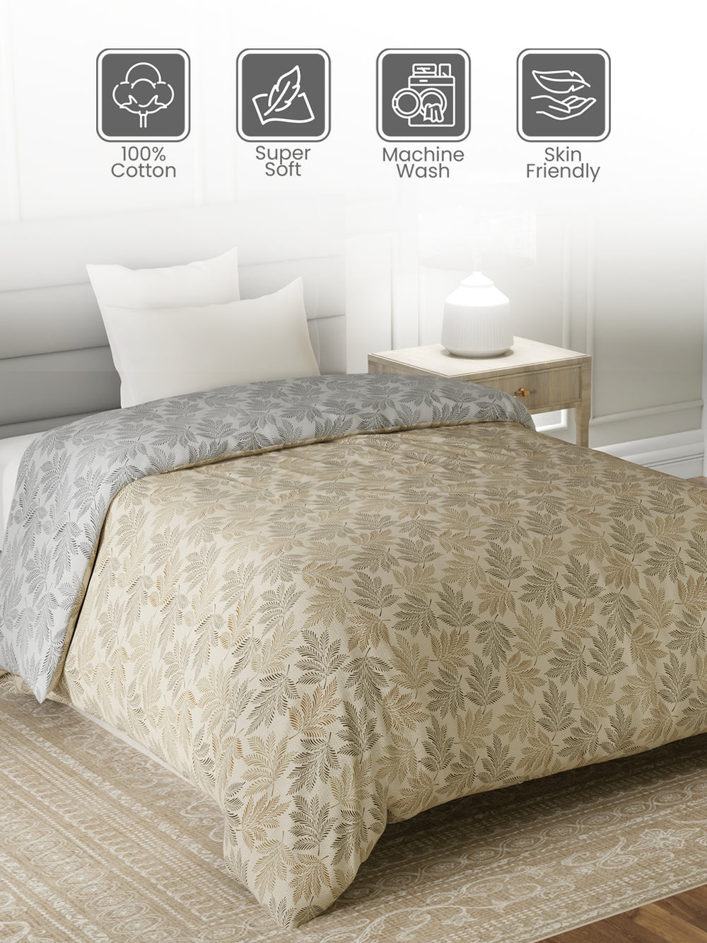 Reversible Single Comforter, 100% Cotton 140 TC, Brown & Grey Floral, For Mild Winter & All Season Lumina Floret