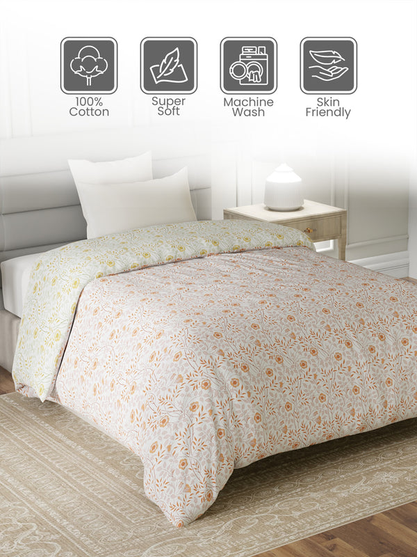 100% Cotton Single Reversible Comforter, 144 TC Printed, Lumina Floret Collection