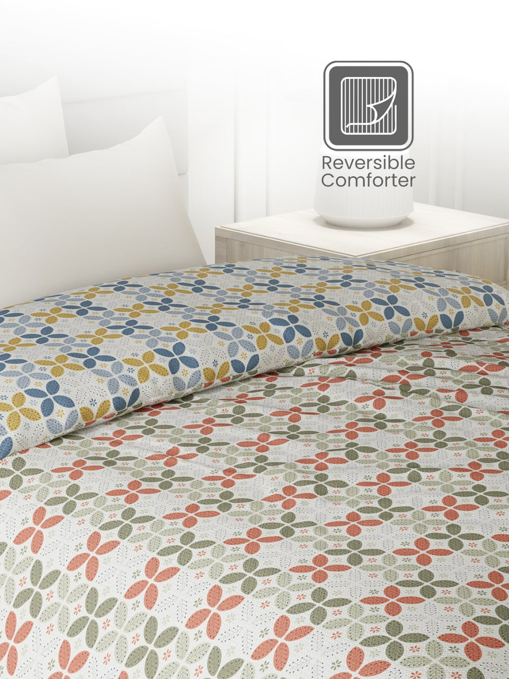 Reversible Single Comforter, 100% Cotton 140 TC, Multicolor Geometrical, For Mild Winter & All Season Lumina Floret