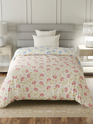 Reversible Single Comforter, 100% Cotton 140 TC, Blue & Pink Floral, For Mild Winter & All Season Lumina Floret