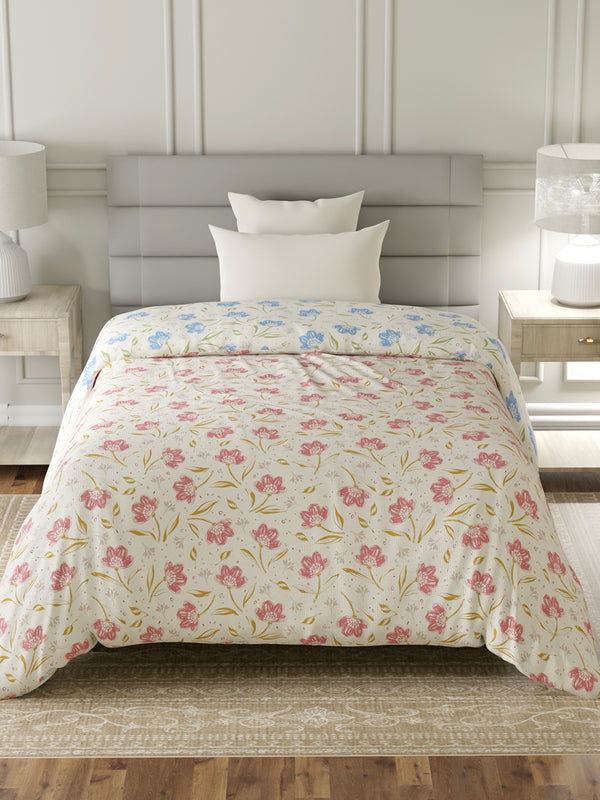 Reversible Single Comforter, 100% Cotton 140 TC, Blue & Pink Floral, For Mild Winter & All Season Lumina Floret