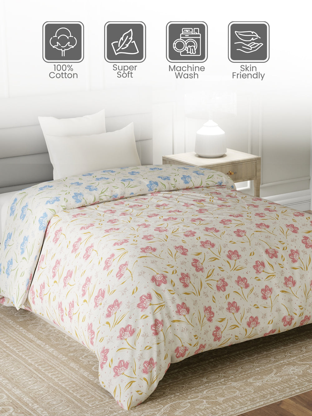 Reversible Single Comforter, 100% Cotton 140 TC, Blue & Pink Floral, For Mild Winter & All Season Lumina Floret