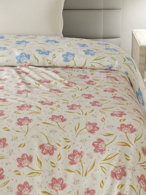 Reversible Single Comforter, 100% Cotton 140 TC, Blue & Pink Floral, For Mild Winter & All Season Lumina Floret