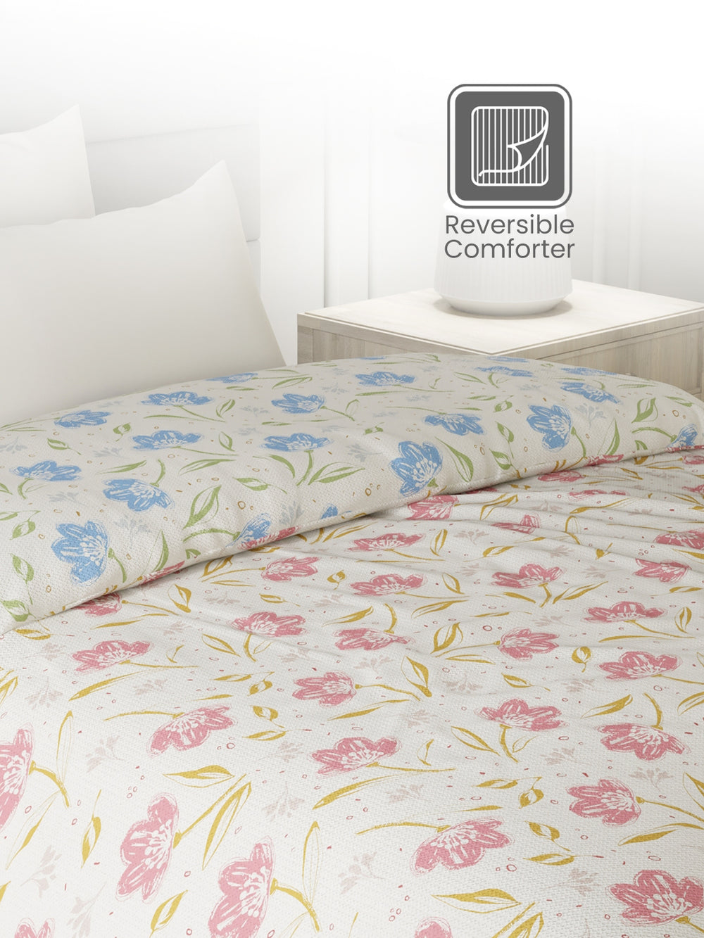 Reversible Single Comforter, 100% Cotton 140 TC, Blue & Pink Floral, For Mild Winter & All Season Lumina Floret