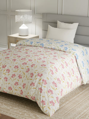 Reversible Single Comforter, 100% Cotton 140 TC, Blue & Pink Floral, For Mild Winter & All Season Lumina Floret