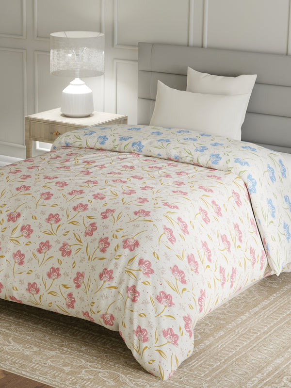 Reversible Single Comforter, 100% Cotton 140 TC, Blue & Pink Floral, For Mild Winter & All Season Lumina Floret