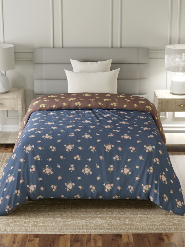 Reversible Single Comforter, 100% Cotton 140 TC, Brown & Blue Floral, For Mild Winter & All Season Lumina Floret