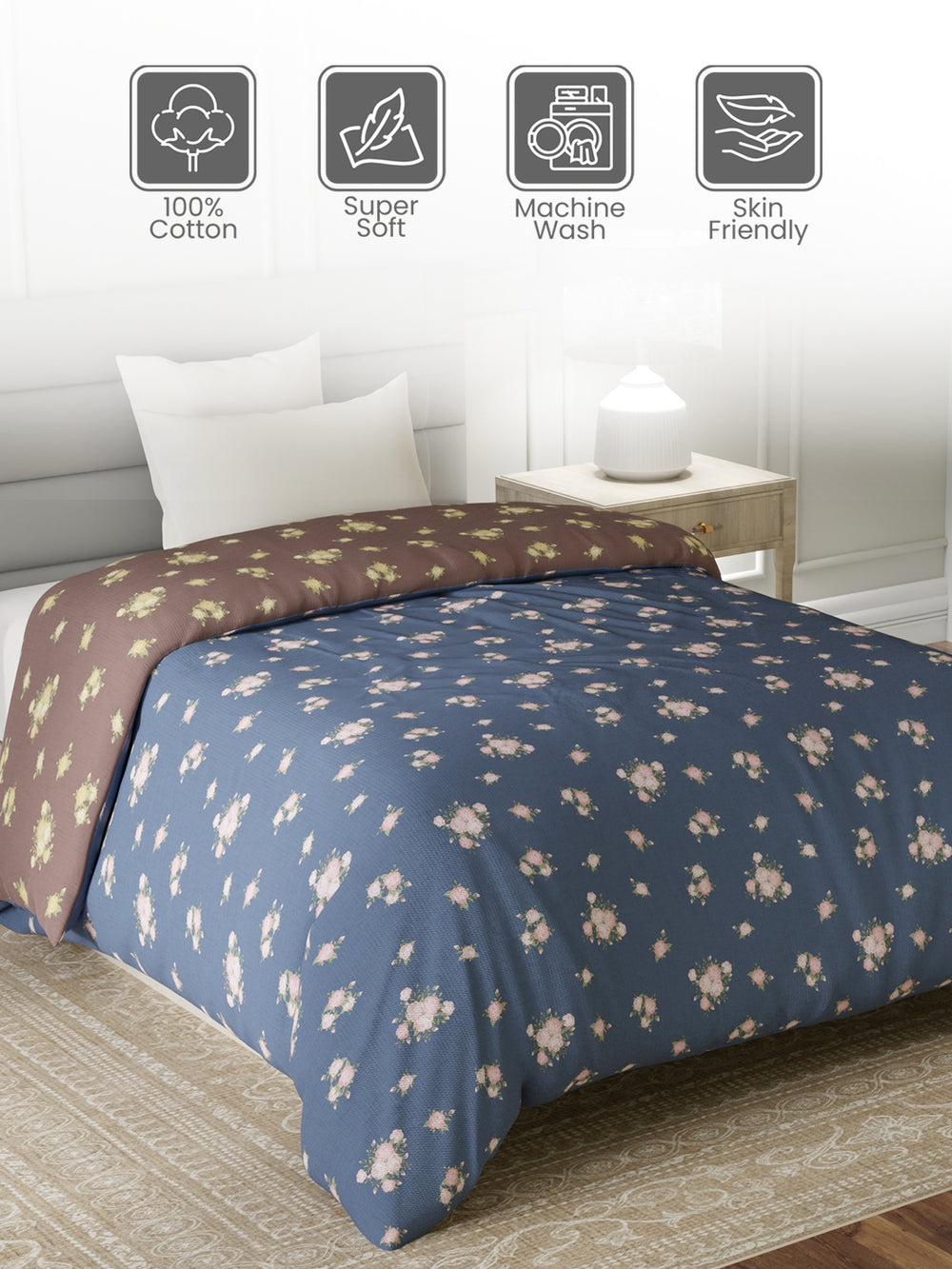 Reversible Single Comforter, 100% Cotton 140 TC, Brown & Blue Floral, For Mild Winter & All Season Lumina Floret