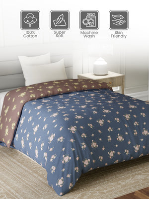 Reversible Single Comforter, 100% Cotton 140 TC, Brown & Blue Floral, For Mild Winter & All Season Lumina Floret