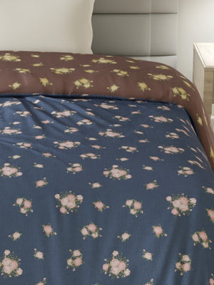 Reversible Single Comforter, 100% Cotton 140 TC, Brown & Blue Floral, For Mild Winter & All Season Lumina Floret