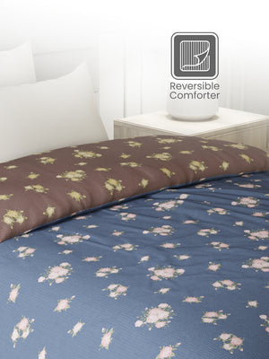 Reversible Single Comforter, 100% Cotton 140 TC, Brown & Blue Floral, For Mild Winter & All Season Lumina Floret