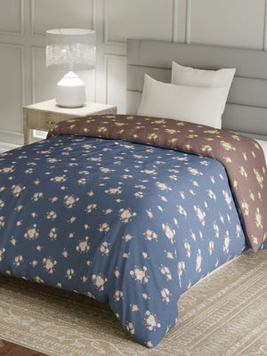 Reversible Single Comforter, 100% Cotton 140 TC, Brown & Blue Floral, For Mild Winter & All Season Lumina Floret