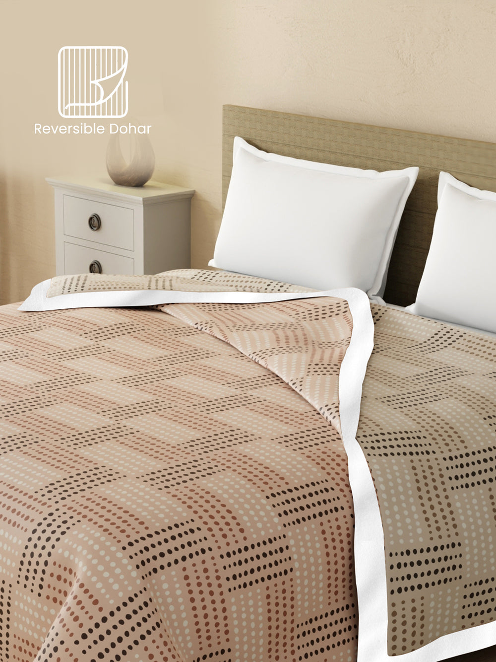 Reversible Double Dohar, 100% Cotton 120 TC, Brown & Grey Geometrical, (2.54 m L x 2.54 m W), Forever