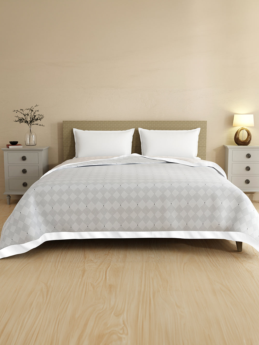 Reversible Double Dohar, 100% Cotton 120 TC, Beige & Grey Geometrical, (2.54 m L x 2.54 m W), Forever