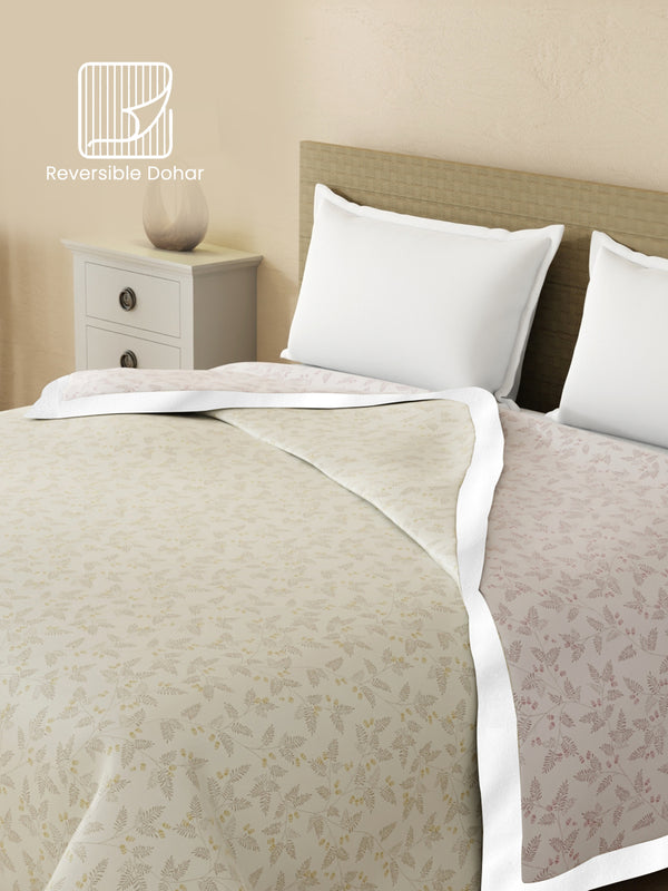 Reversible Single Dohar, 100% Cotton 120 TC, Grey & Beige Floral, (2.29 m L x 1.52 m W), Forever