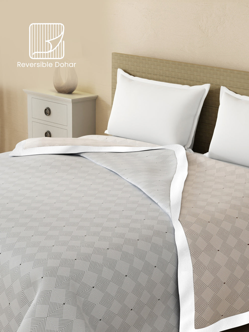 Reversible Single Dohar, 100% Cotton 120 TC, Beige & Grey Geometrical, (2.29 m L x 1.52 m W), Forever