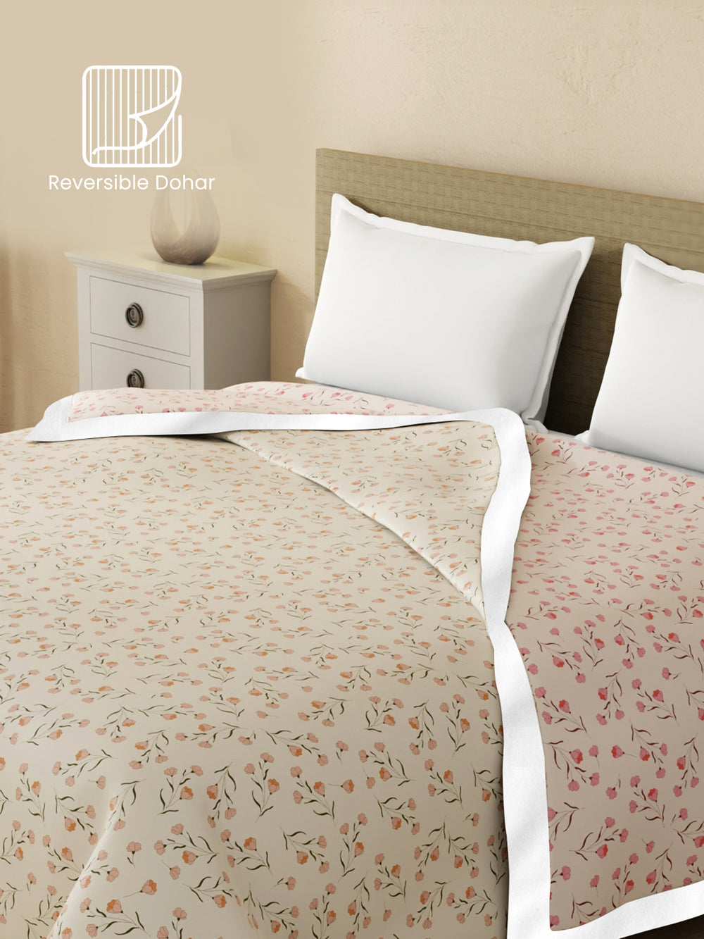 Reversible Single Dohar, 100% Cotton 120 TC, Grey Floral, (2.29 m L x 1.52 m W), Forever