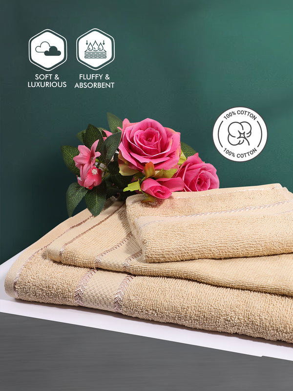 100% Cotton Towel Combo, 380 GSM Beige, Jashn Collection (1 Bath Towel & 2 Hand Towels)