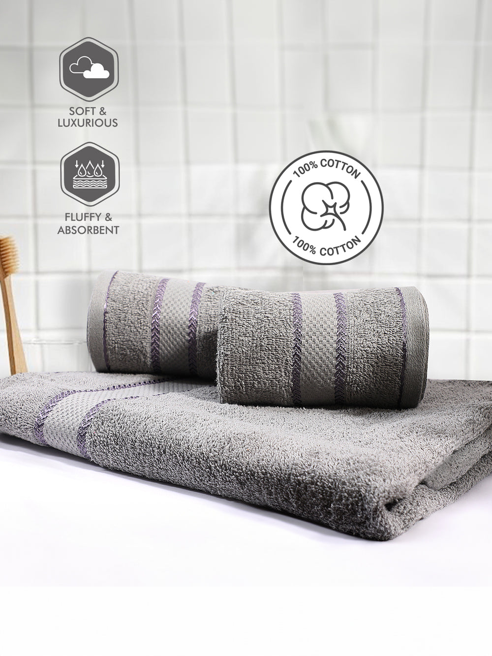 100% Cotton Towel Combo, 380 GSM Grey, Jashn Collection (1 Bath Towel & 2 Hand Towels)