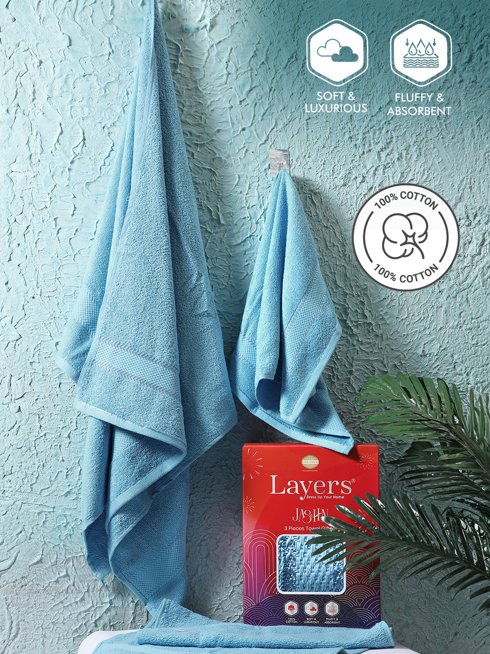100% Cotton Towel Combo, 380 GSM Blue, Jashn Collection (1 Bath Towel & 2 Hand Towels)