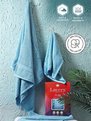 100% Cotton Towel Combo, 380 GSM Blue, Jashn Collection (1 Bath Towel & 2 Hand Towels)