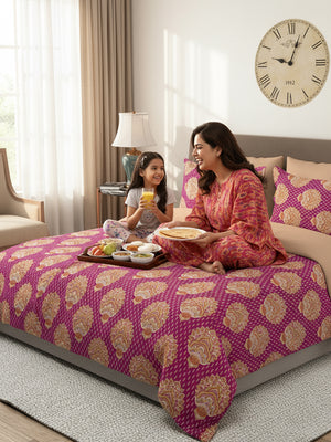 100% Cotton Double Size Bedsheet Set with Gift Box - 144 TC Magenta Ethnic, Glory Collection