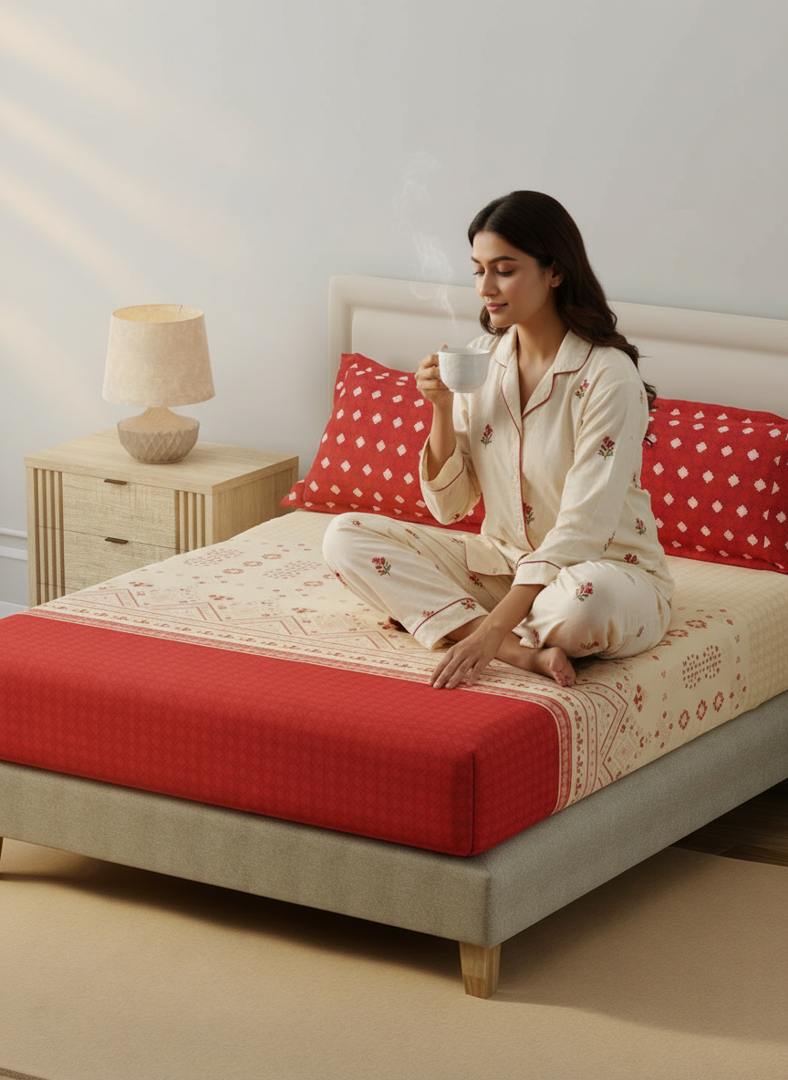 BasicX 100% Cotton 120 TC Red Printed King Bedsheet with 2 Pillow Covers