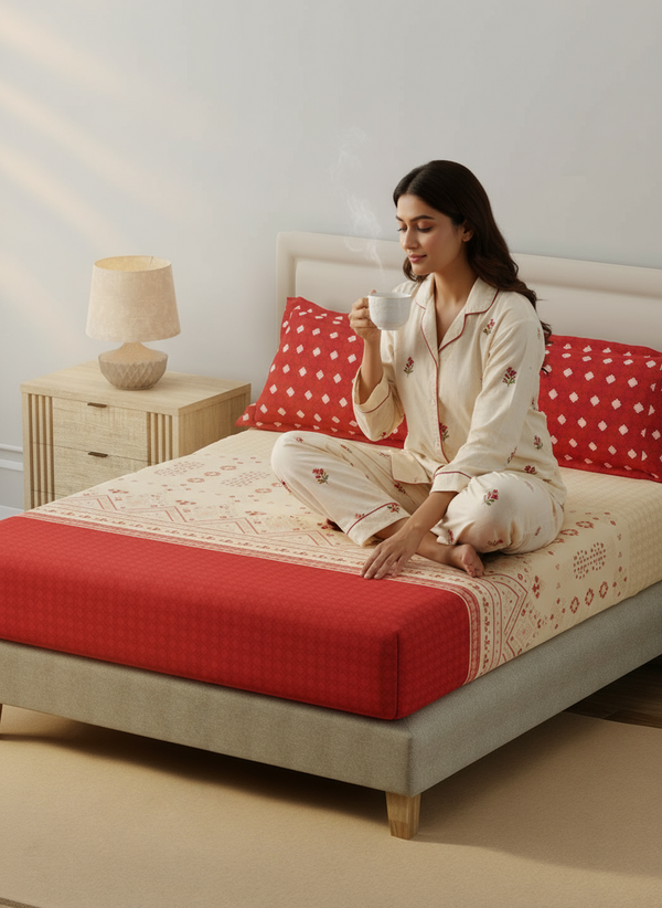 BasicX 100% Cotton 120 TC Red Printed King Bedsheet with 2 Pillow Covers