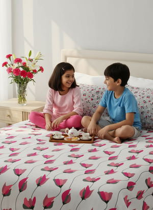 100% Cotton 120 TC, Double Size Grey & Pink Bedsheet with 2 Pillow Covers (Floral Print)