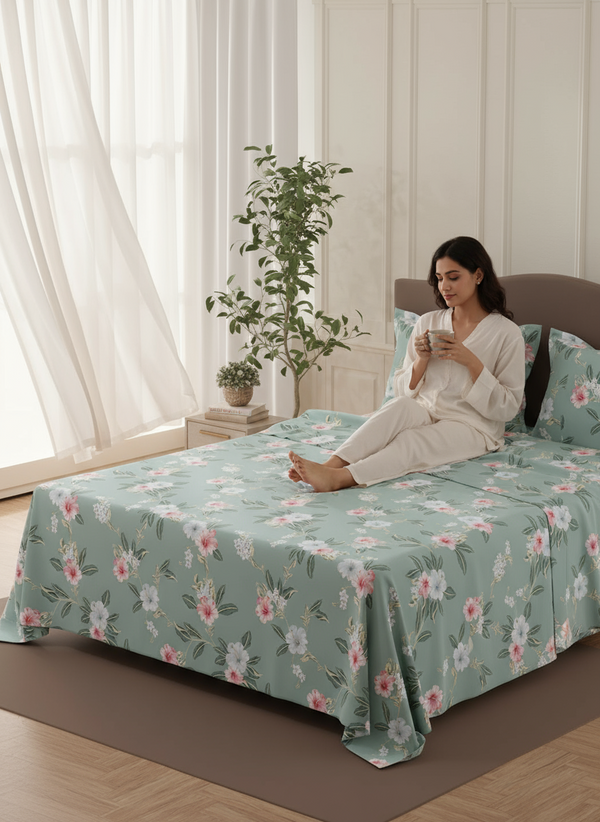 Lumina Floret 100% Cotton 144 TC Grey & Pink Floral Double Bedsheet with 2 Pillow Covers