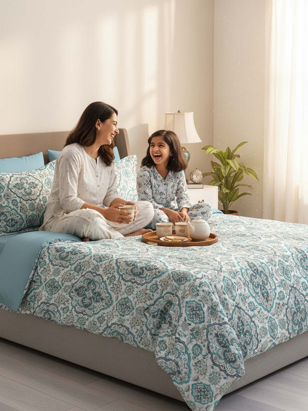 100% Cotton Double Size Bedsheet Set with Gift Box -  144 TC Blue and White Ethnic, Glory Collection