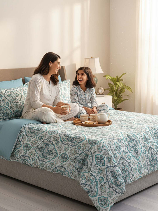 100% Cotton Double Size Bedsheet Set with Gift Box -  144 TC Blue and White Ethnic, Glory Collection