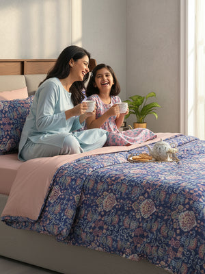 Double Size Bedsheet Set with Gift Box - 100% Cotton 144 TC Blue Ethnic, Glory Collection